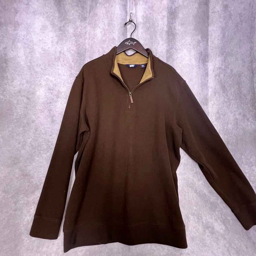 Lands End Quarter Zip Pullover Mens XXL Brown Excellent Corduroy Trim Mock Neck